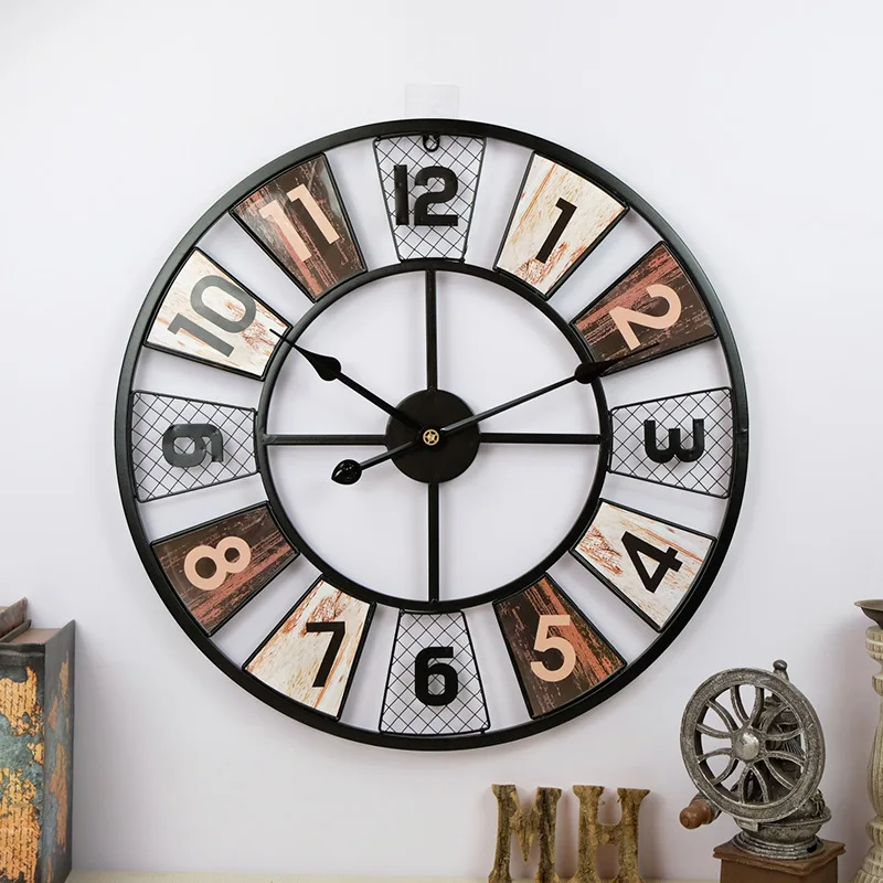 

Креативные декоративные настенные часы из кованого железа, американские ретро-часы для гостиной, круглые металлические настенные часы