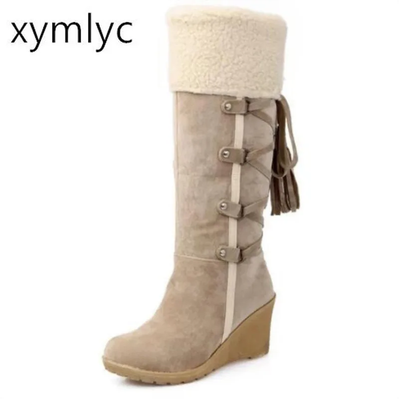 

2021 Classic Women Knee High Boots Wedges High Heels Long Warm Plush Snow Boots Quality High Suede Boots Long Shoes Woman