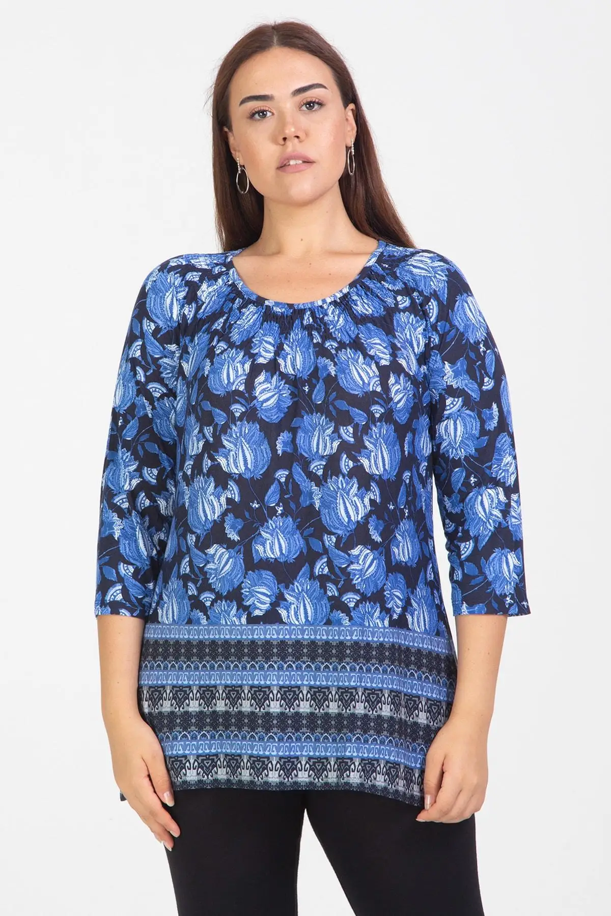 Sans Textile Женщины Капри синий рукав воротник Gipe колесо вискоза блузка 65N11951| |