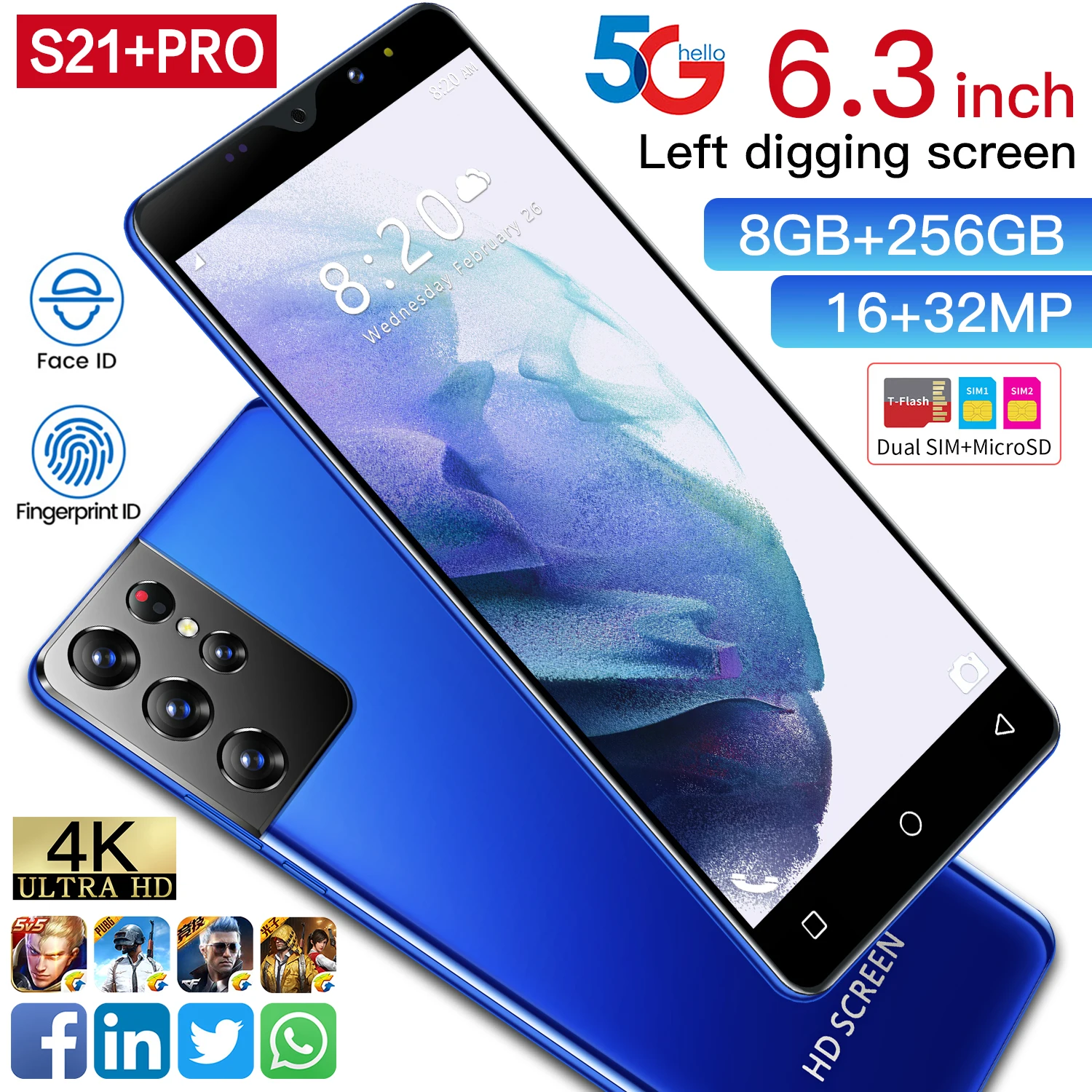 

S21 Pro facial recognition feature phone 6.3 inches left digging screen 512G smart phone