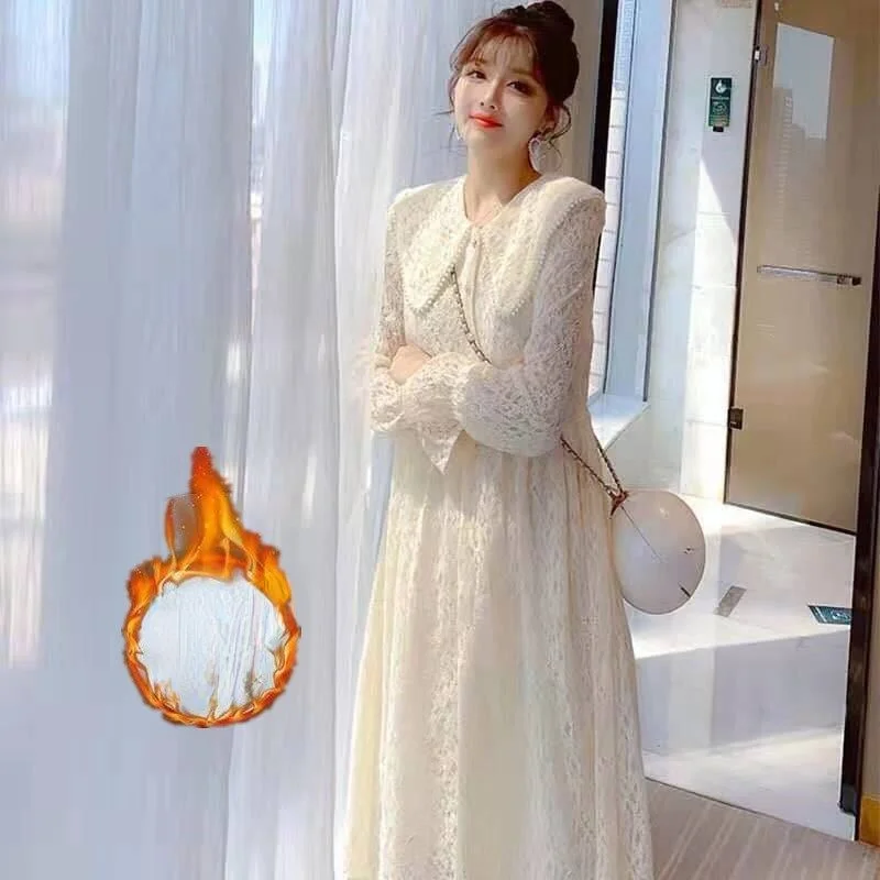 

2022 New Women Elegant Embroidered Lace Dress Apricot Female Long Dress Bottom Peter Pan Collar Loose Casual Party Vestidos Y846