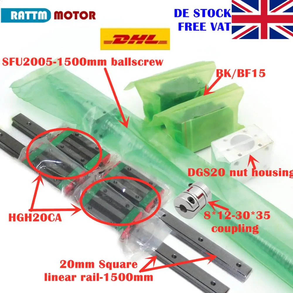 

[EU STOCK/Free VAT] 20mm Square Linear Rail 1500mm+HGH20CA Carriages+SFU2005-1500mm Ballscrew+BK/BF15+Nut housing+Coupling