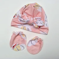 2021 new baby striped newborn hat gloves children rabbit ear knot sleeve indonesian caps baby scratch proof gloves hat set