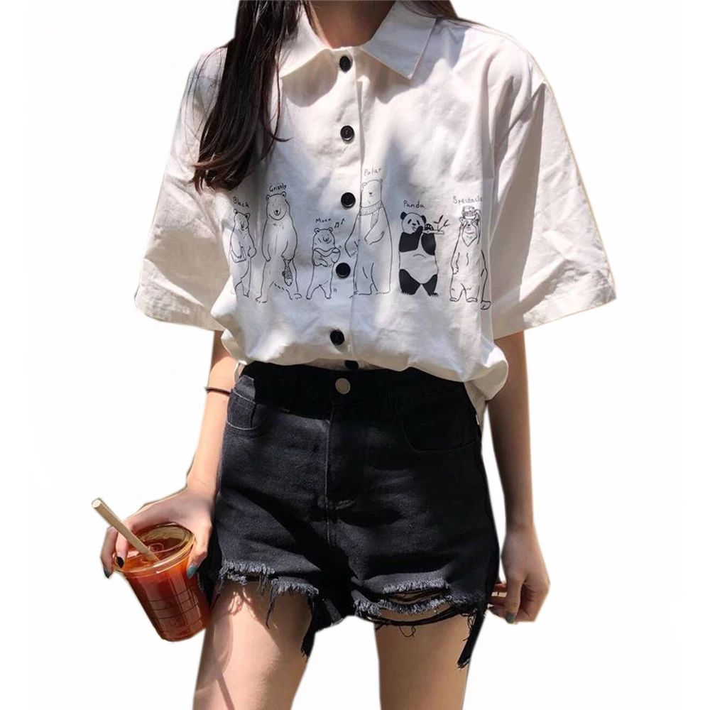 

2021 New Summer Cute Cartoon Printed Shirt Female Retro Tooling Shirt Student Harajuku Casual Women Blouse Tops Mujer White
