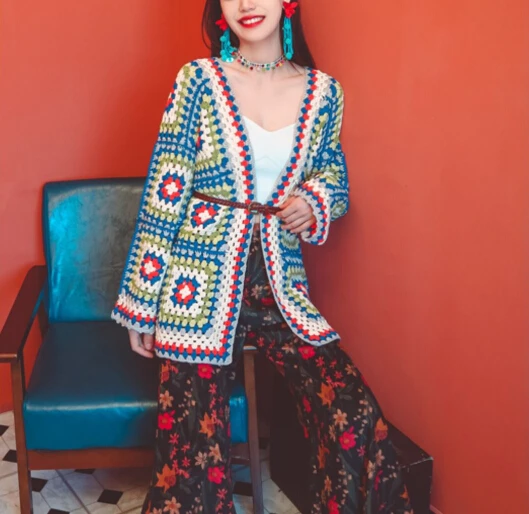 

TEELYNN Long Sleeve Hand-knit Cardigan Sweater Coat For Women 2021 Vintage Blue Floral Ethnic Cotton Autumn Boho Jumper Outwear