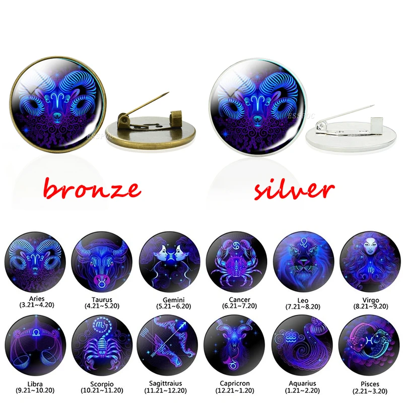 

12 Constellation Brooch Glass Dome Zodiac Pin Fashion Men's and Women's Jewelry Accessories Aries Leo Virgo Badge Birthday Gift