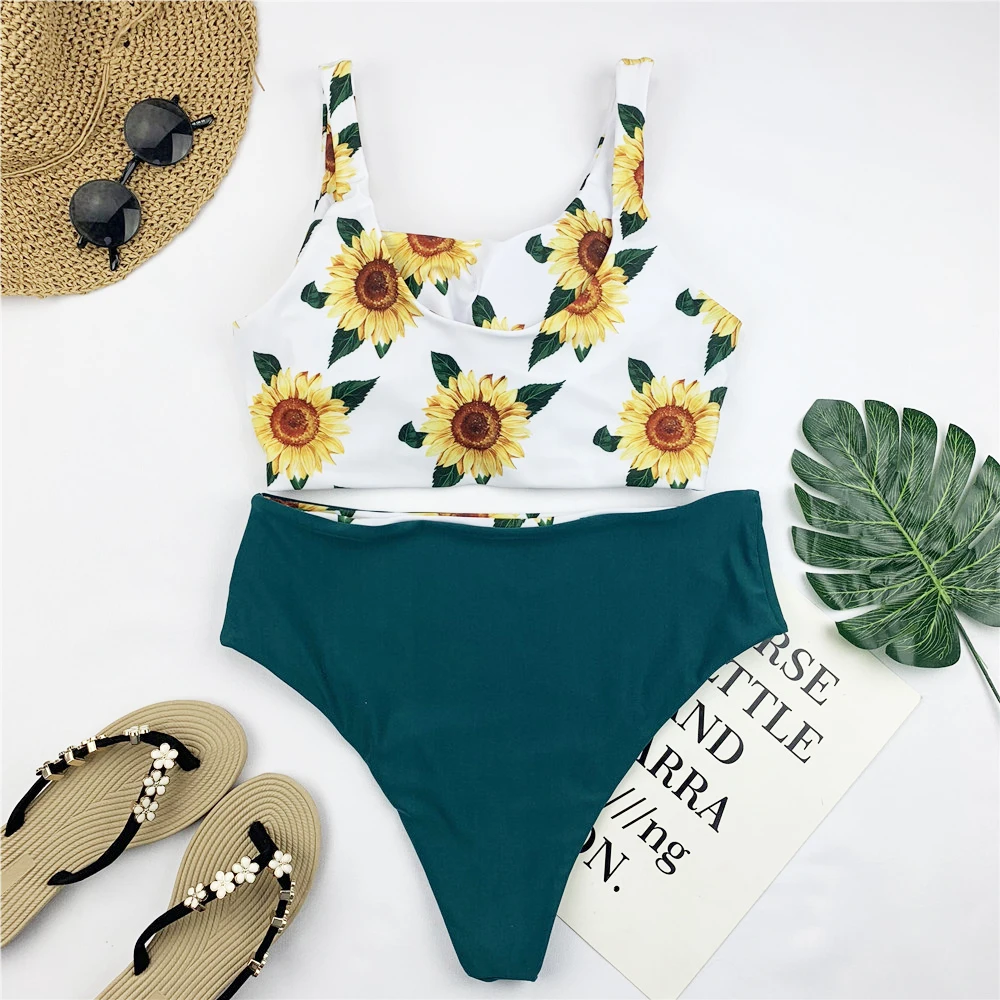 Высокая талия бикини женский цветочный принт Купальник укороченный топ