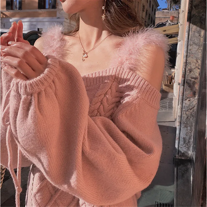 Свитер женский с открытыми плечами пикантный Мягкий трикотажный пуловер на