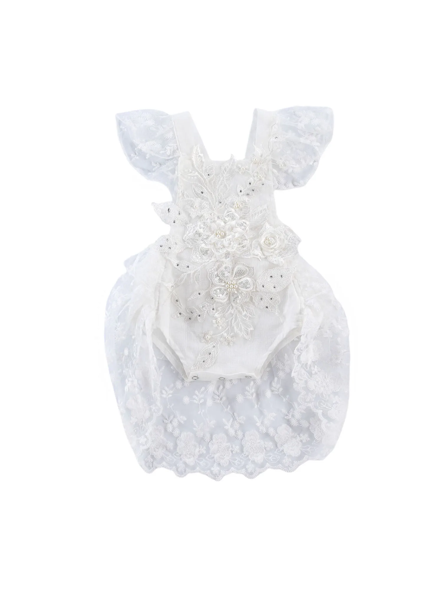 

Sweet Baby Girl's Lace 3D Flower Embroidery Pearl Princess Romper Dress White Square Collar Falbala Short Sleeve Jumpsuit