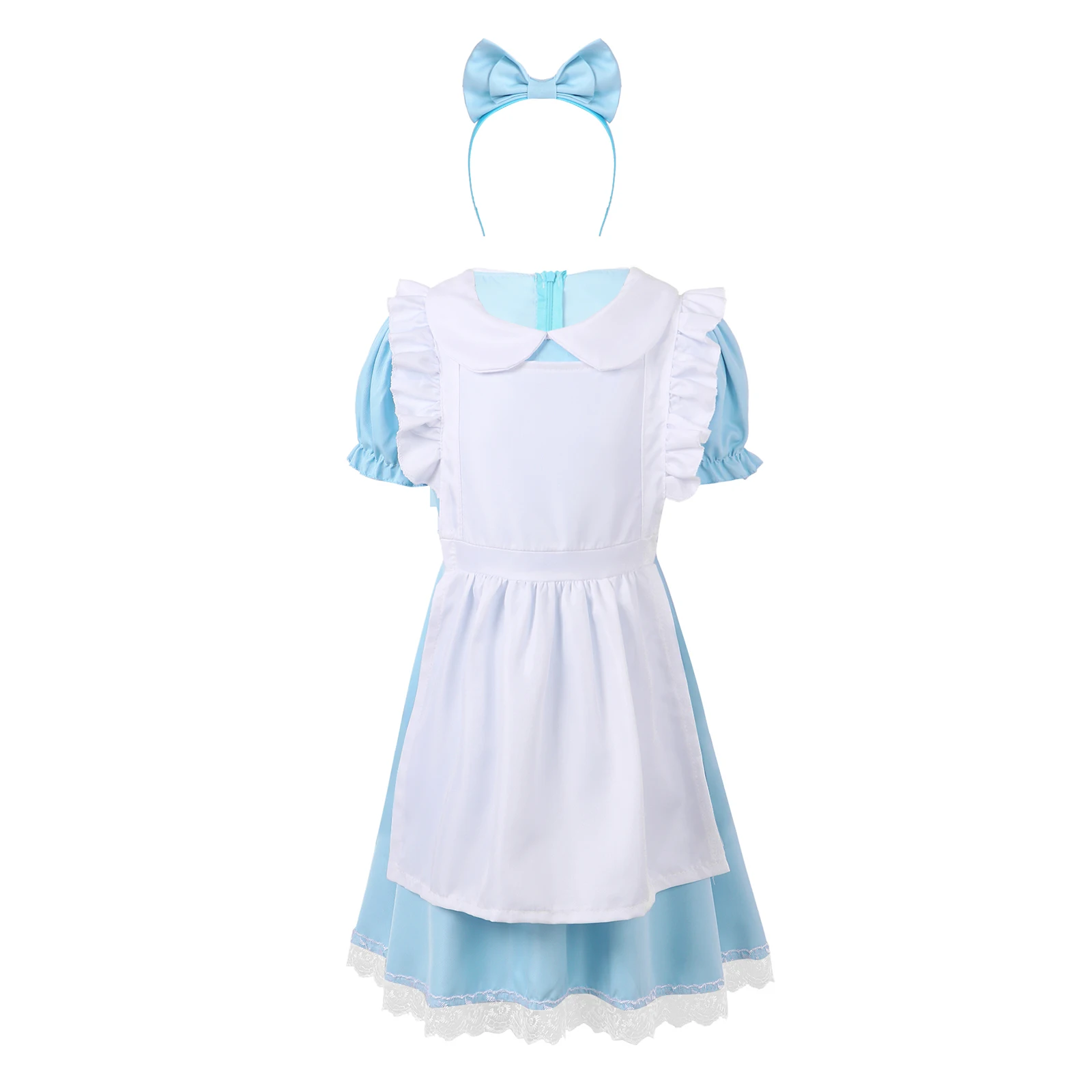 

3Pcs Kids Girls Maid Cosplay Outfit Performance Costume Short Puff Sleeves Lace Adorned Dress with Hair Hoop and Apron Set