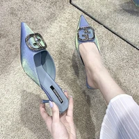 new summer korean fashion outer wear female high heeled sandals sandals pointed half slippers solid shallow sequined cloth