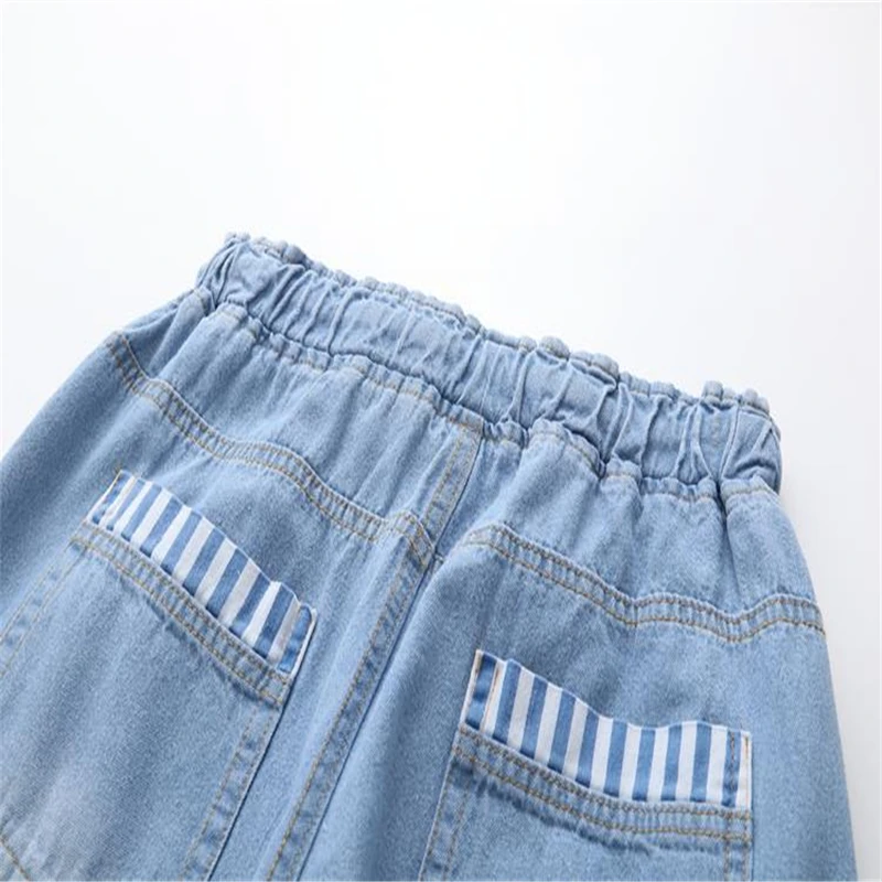 

Merry Pretty Women Blue Jeans Pants Cartoon Embroidery Pockets Denim Pants Elastic Waist Straight Striped Patchwork Jean Pants