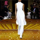 Модный однотонный костюм-двойка с воротником-стойкой без рукавов с завышенной талией элегантный белый топ без рукавов + брюки женские костюмы