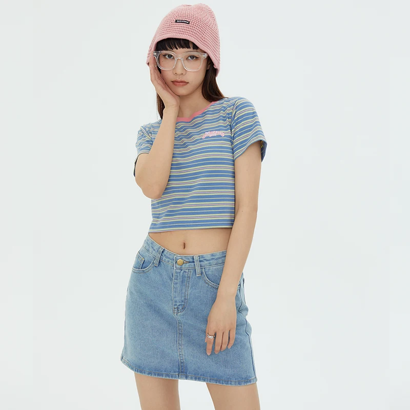 

Dark Icon Striped Letters Embroidery Cropped T-shirt Women Girl Tshirts Students Cotton Tee Femal Top Black Blue