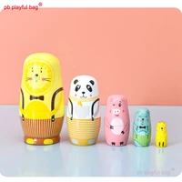 pb playful bag five layer yellow lion cartoon animal russian dolls wooden hand painted craft gift childrens creative toys hg86