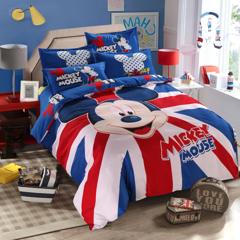 

Disney Mickey Mouse Bedding Set Boy/Girl Duvet Covered with Union Jack Cartoon Flat Sheets Full Twin Rear Bedroom Decoration