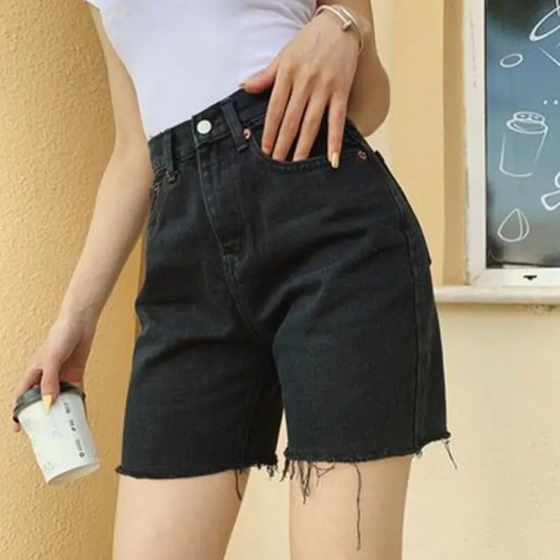 

Thin Air Breathable 5 Points Jeans Women'S Straight Pants High Waist Slim Denim Tassel Slim Washed Vintage Trouser Spring Summer