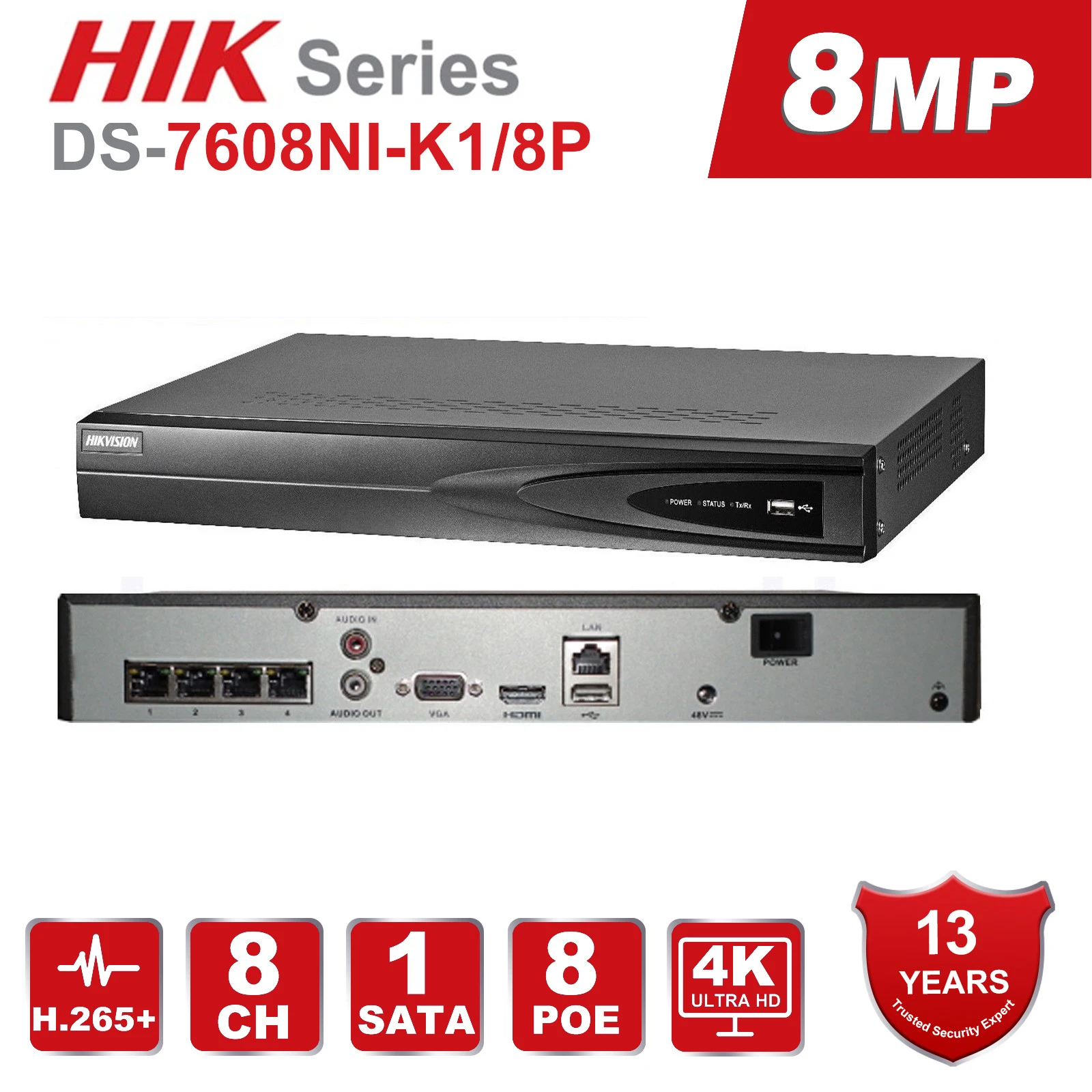 Камера видеонаблюдения Hikvision 8 каналов PoE NVR встроенный штекер и воспроизведение 4K