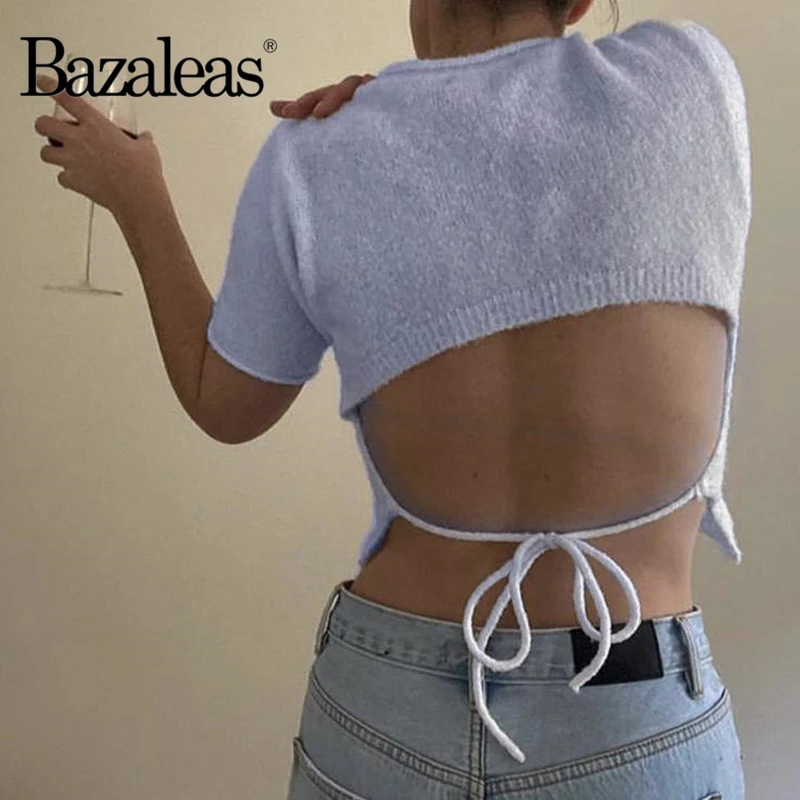 

Retro Women Sweater Vintage Crop Top Knitted Pullover Purple Backless Tie Pull Femme Cropped Sweater