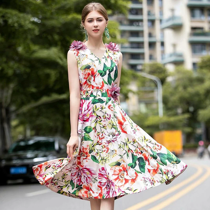 

Summer Sleeveless Rose Print V Neck 3D Floral Casual Dress