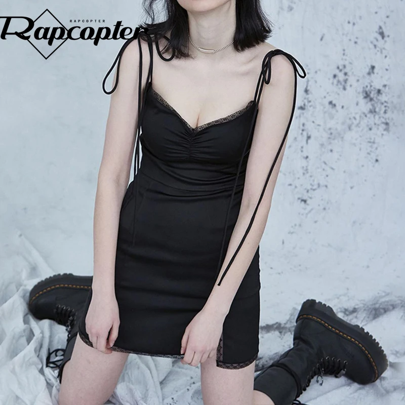 

Мини-платья Rapcopter на завязках y2k, кружевной сарафан с разрезом, черный сарафан с V-образным вырезом, короткие платья на бретелях, женское летн...