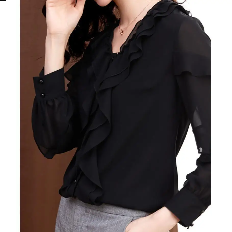 

На весну в Корейском стиле лотоса шифоновая рубашка на каждый день с треугольным вырезом и оборками; Элегантные модные женские топы, женска...