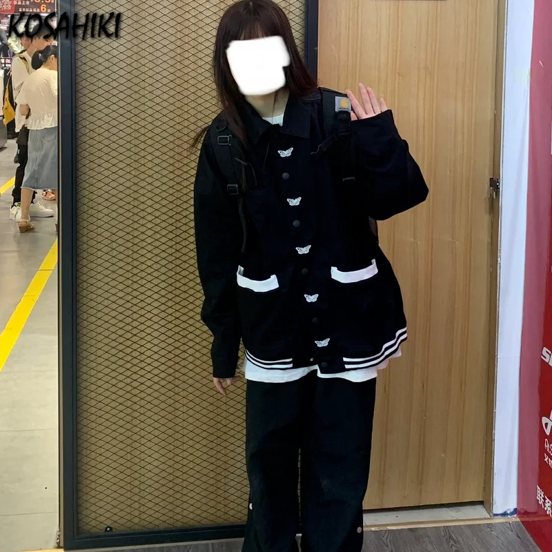 

KOSAHIKI Basic Jackets Women Butterfly Embroidery Design Loose Harajuku Casual Streetwear Outerwear Clothes Ladies Coats