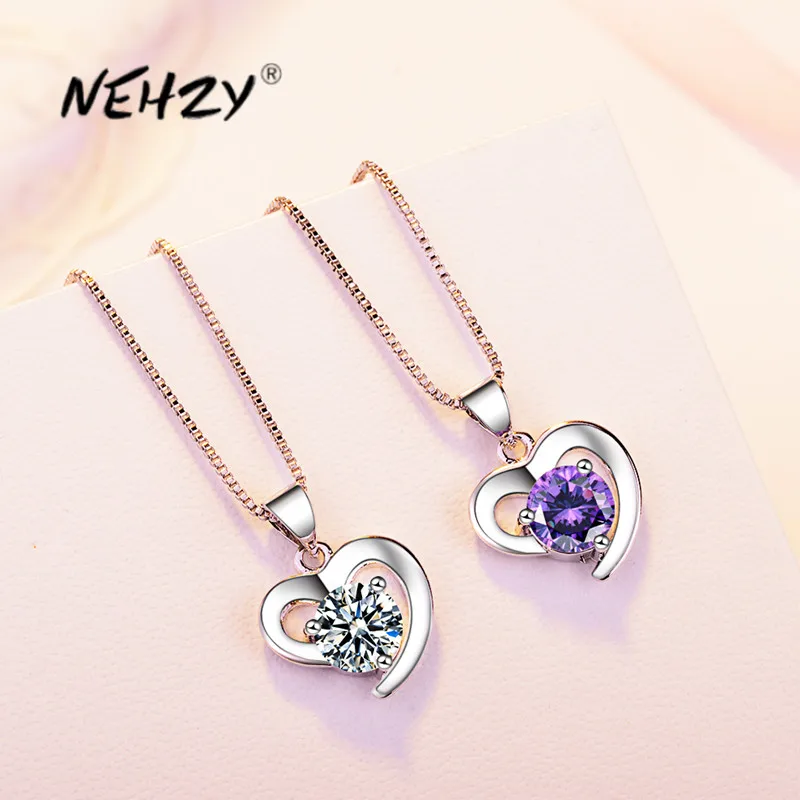 

NEHZY S925 Stamp Silver New Woman Fashion Jewelry High Quality Purple Crystal Zircon Simple Heart Pendant Necklace Length 45cm
