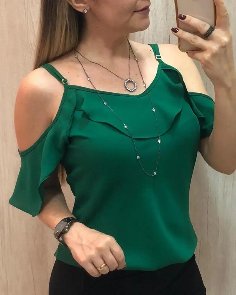 

2021 Women Summer Fashion Ruffle Hem Spaghetti Strap V Neck Top Sleeveless Solid Sexy V Neck Female