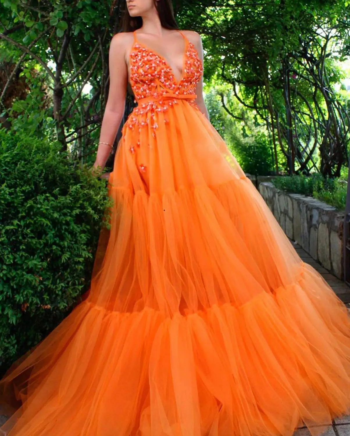 

Orange Muslim Evening Dresses V-neck 3D Flowers Illusion vestidos Islamic Dubai Saudi Arabic Long Evening Gown Boho Prom Dress