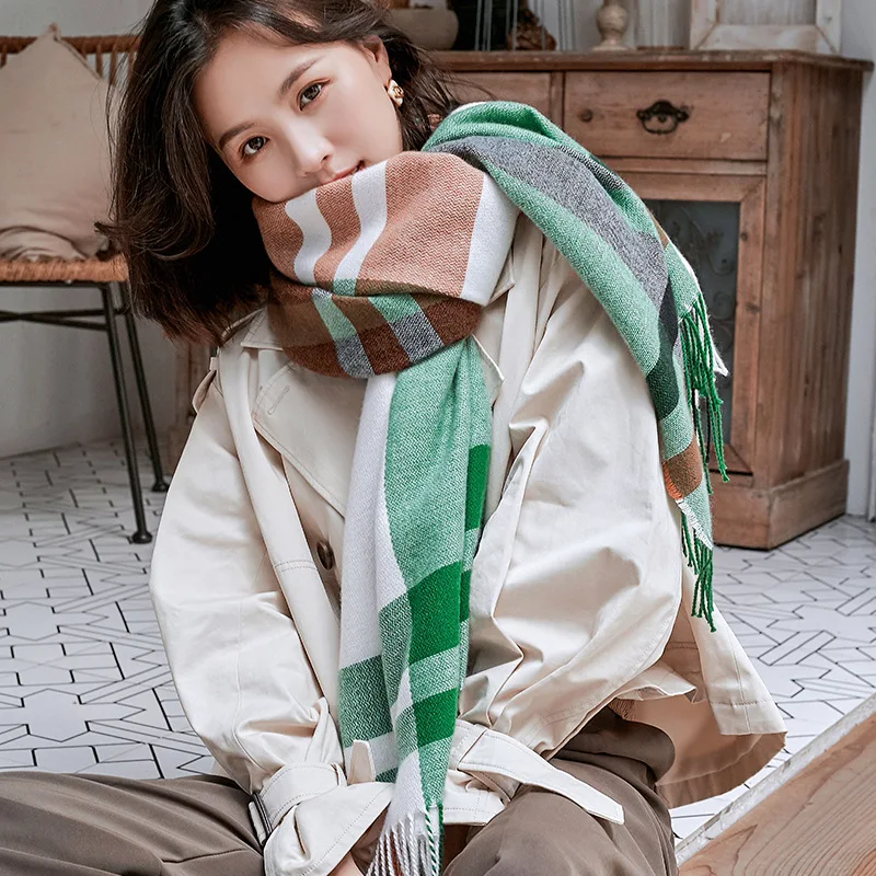 

Outdoor New Winter Plaid Scarf Printed Tassels Imitation Cashmere Fashionable Sweet Shawl With Medium Length Thick Warmth Women