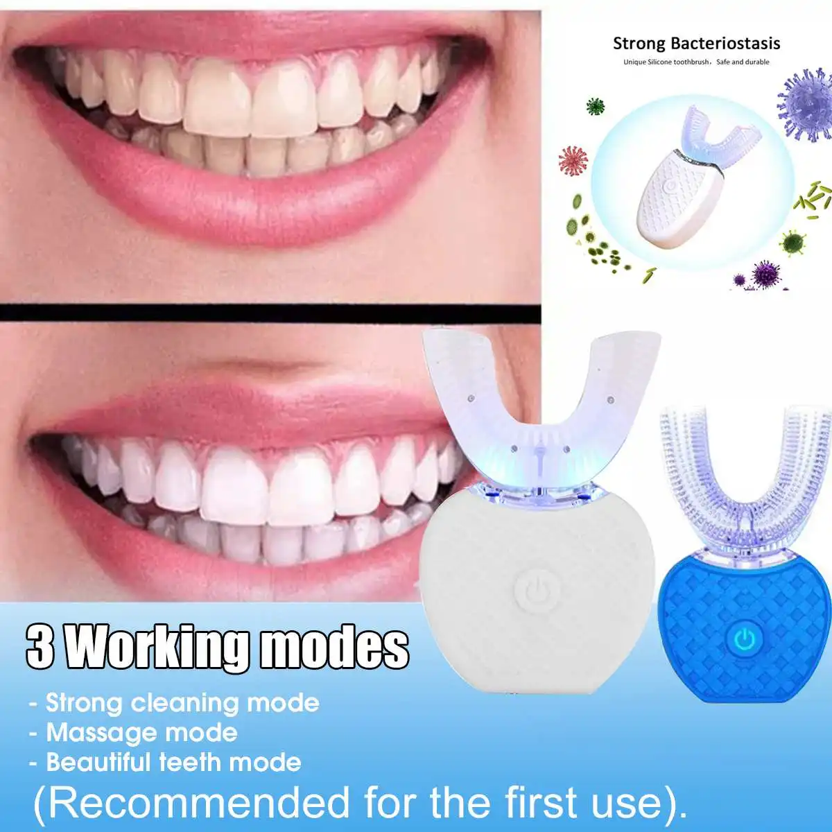 

USB Rechargeable U-shaped 360-degree Intelligent Automatic Sonic Electronic Toothbrush, with 3 Kinds of Timer Blue Toothpaste