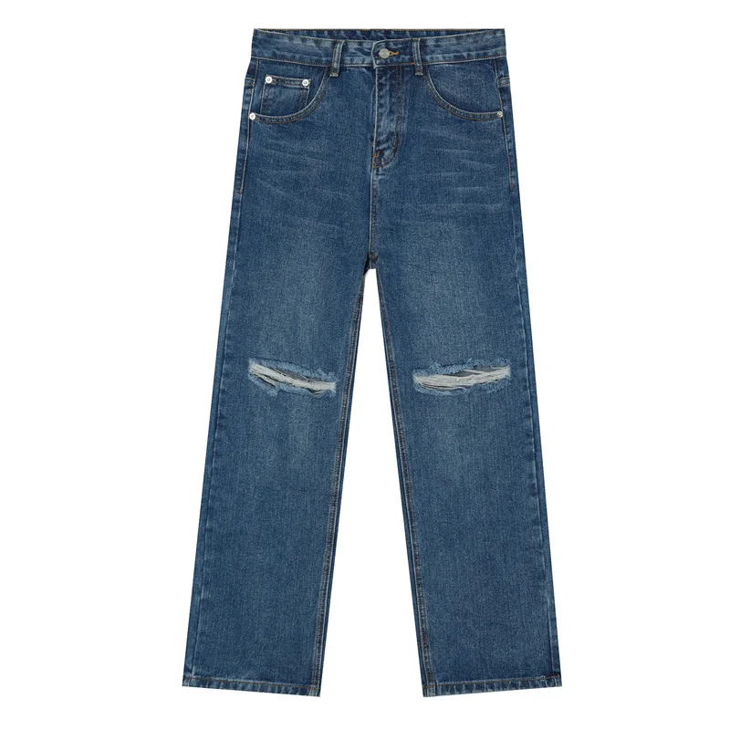 

GTDOM Men Spring Jeans Straight pants 2021 New Casual Loose Denim Blue Button Fly Pockets Men Hole Long Jeans