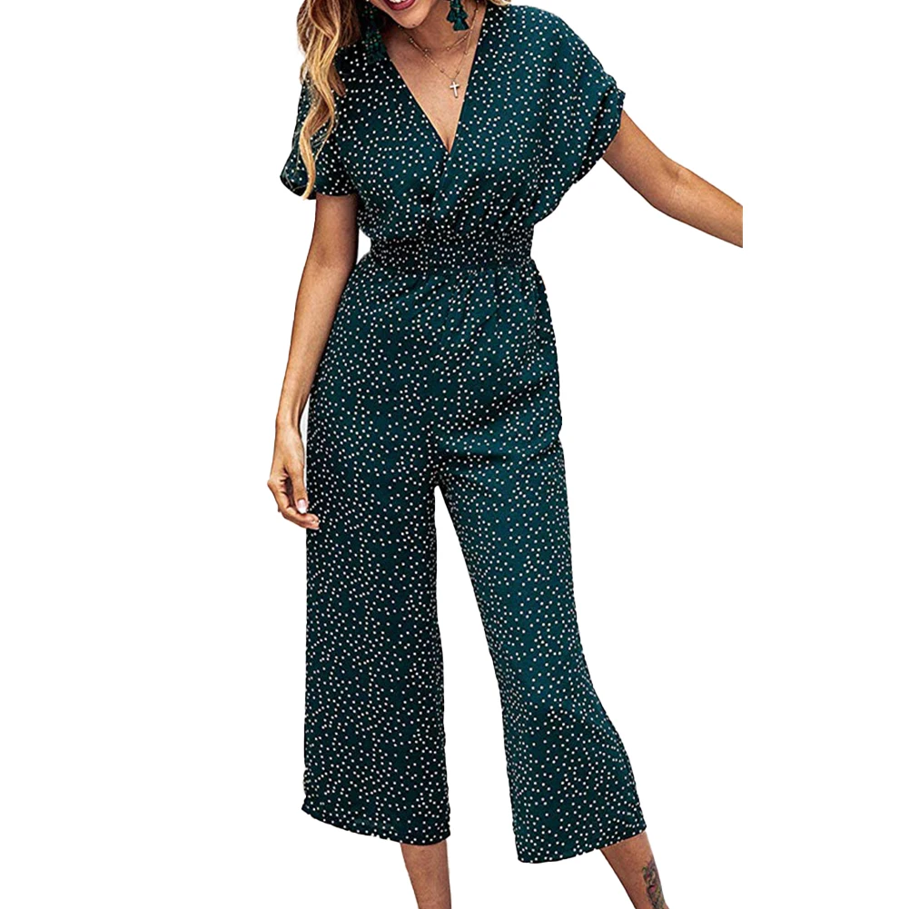 

Polka Dot Jumpsuit Office Ladies Short Sleeve Wrap V Neck Eleastic High Waisted Summer Loose Casual Long Romper Pants Jumpsuit