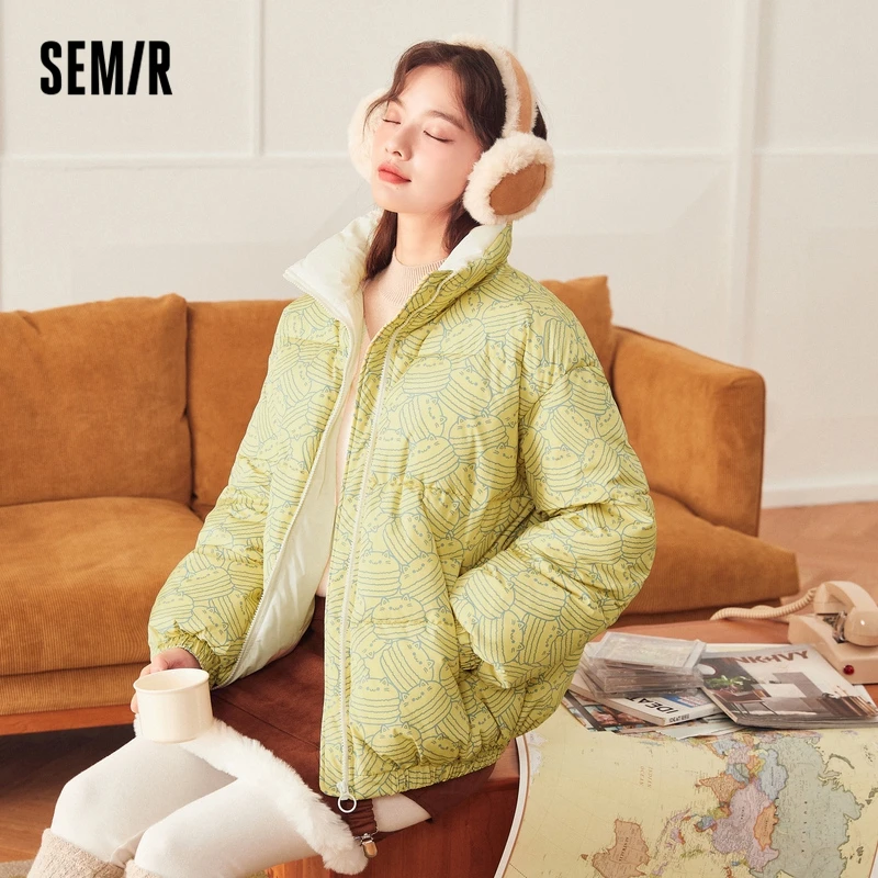 

SEMIR Cotton Jacket Women Stand-Up Collar Hit Color Full Print 2021 Winter New Oversize Macaron Thick Cotton Coat Fun Ins