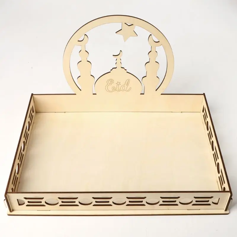 

Hot sale Rustic Wooden Eid Mubarak Ramadan Party Food Serving Tableware Dessert Pastry Tray Display Holder Decoration Ornament