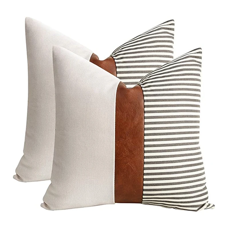 

Set of 2 Farmhouse Decor Stripe Patchwork Linen Throw Pillow Covers,Modern Tan Faux Leather Pillow Covers 18X18 Inch