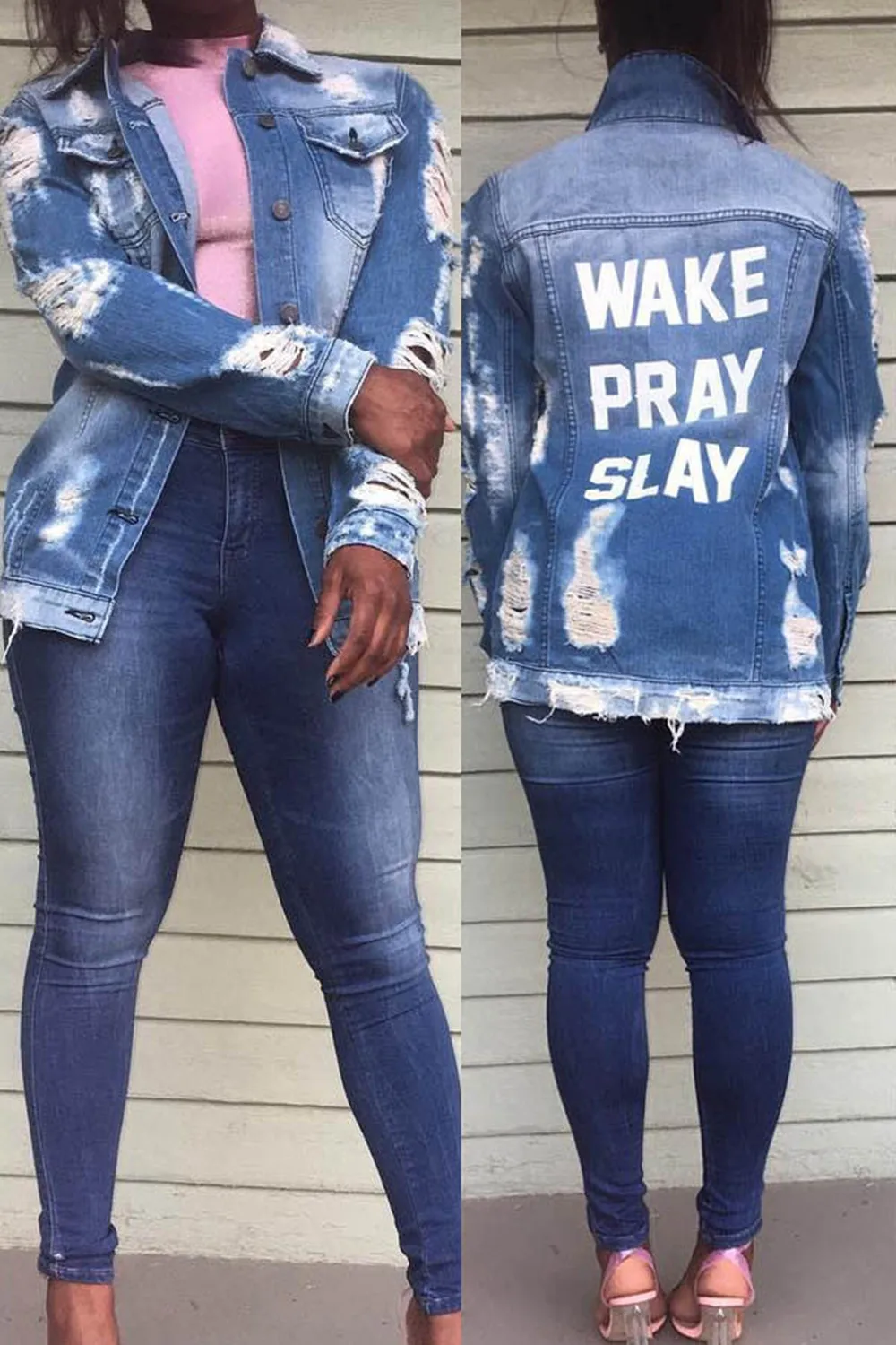 

S-XXL Text Printed Denim Jacket with Ripped Tassels