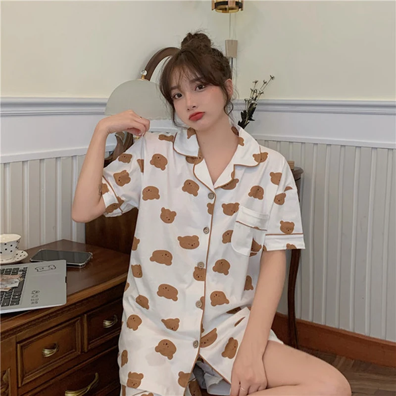

New Summer Leisure Sleepwear Korean Fancy Print Pajamas Sets Shirts+Shorts Pyjama Soft Women's Homewear Suit Loose Nightwear