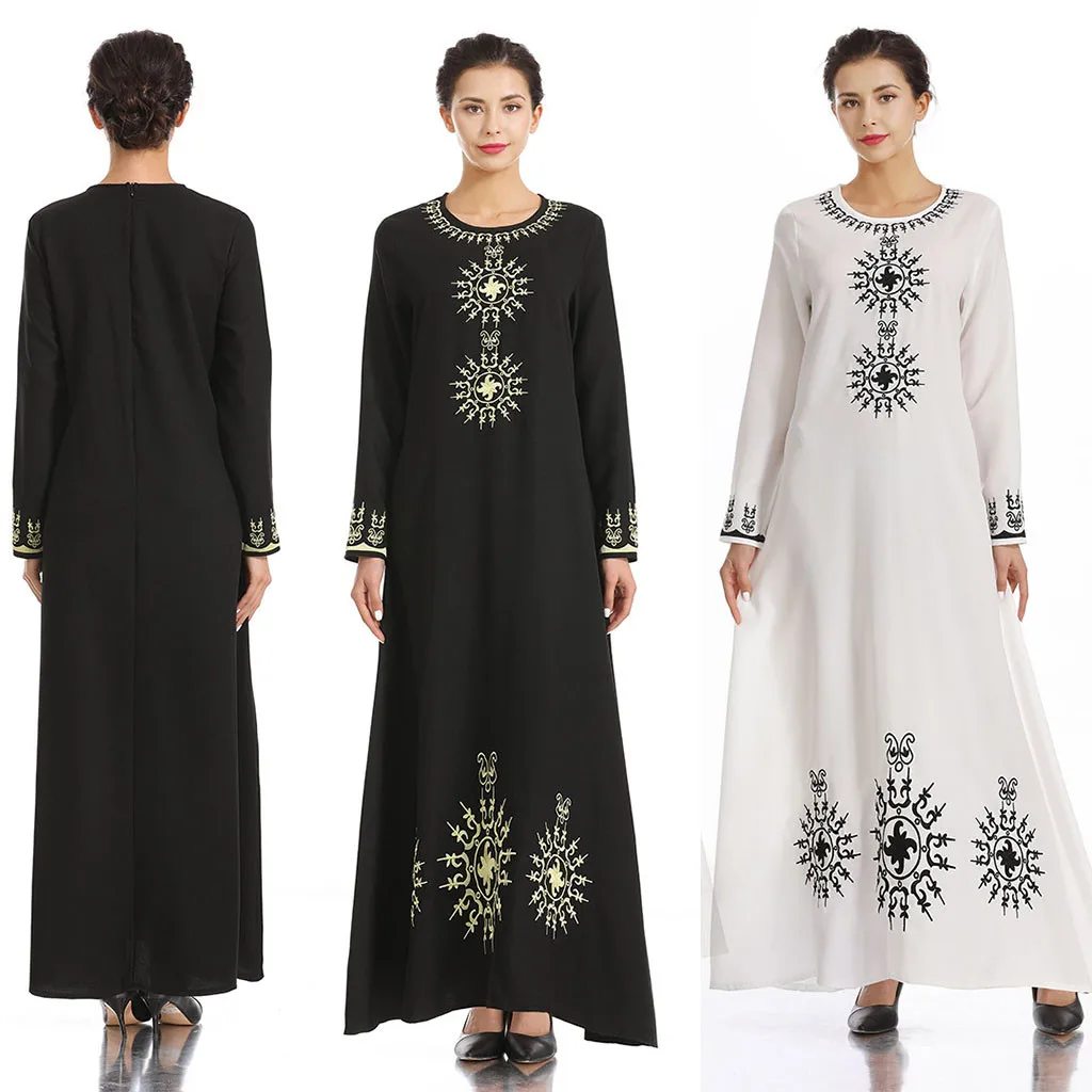 Dubai kaftan Dress Muslim Party Abaya Women Arabic caftan Embroidered Print Round Neck Long Sleeve Arab | Тематическая одежда и