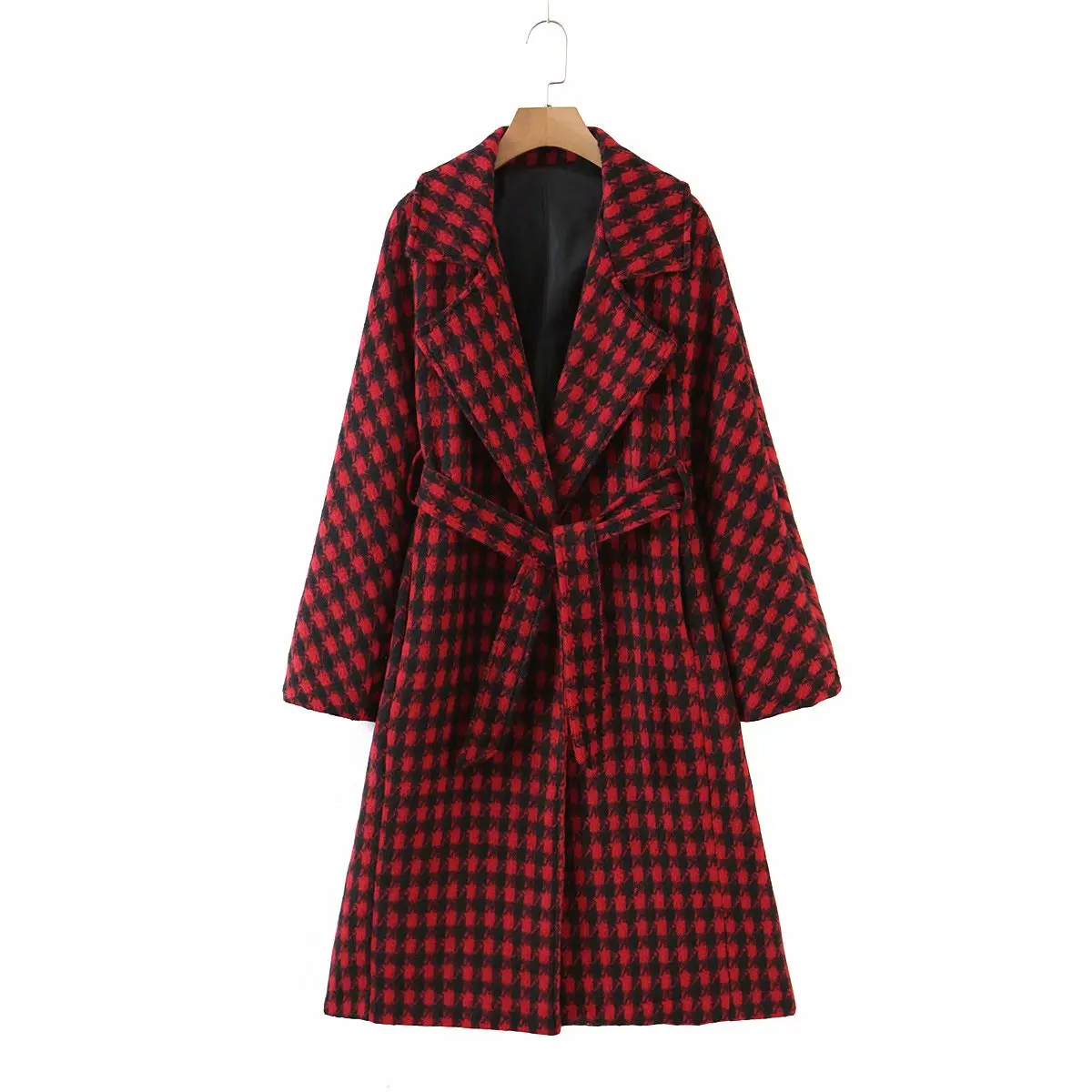 

ZXQJ Women Red Houndstooth Coat 2021 Autumn Fashion Ladies Mid Length Loose Belted Jacket Female Warm Thick Long Outerwear