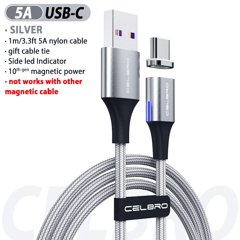silver for Type c 5A Магнитный usb-кабель для зарядки 5A/3A Tipe c mi cro Usb Cavo Magnetico быстрое зарядное устройство магнитный кабель для xiaomi mi a3 huawei - Цвет: silver for Type c 5A