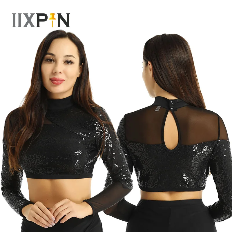 

Sequins Crop tops ballet Leotard Women Shiny Sequins Mock Neck Long Sleeves Keyhole Back Unique Mesh Spliced Crop Top Dancewear