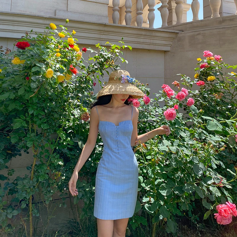 

Женское клетчатое платье на одно плечо, синее приталенное платье с лямками, весна 2021