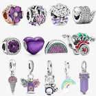 Классические Подвески в виде фиолетового сердца, радуги, подходят для оригинальных браслетов Pandora, женские Украшения сделай сам, подарок