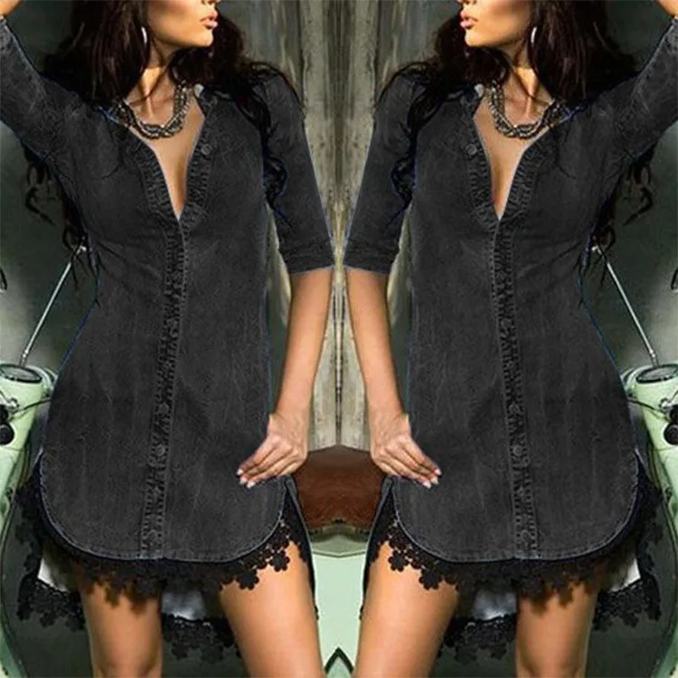 Женское осеннее платье женское сексуальное джинсовое на пуговицах кружевное