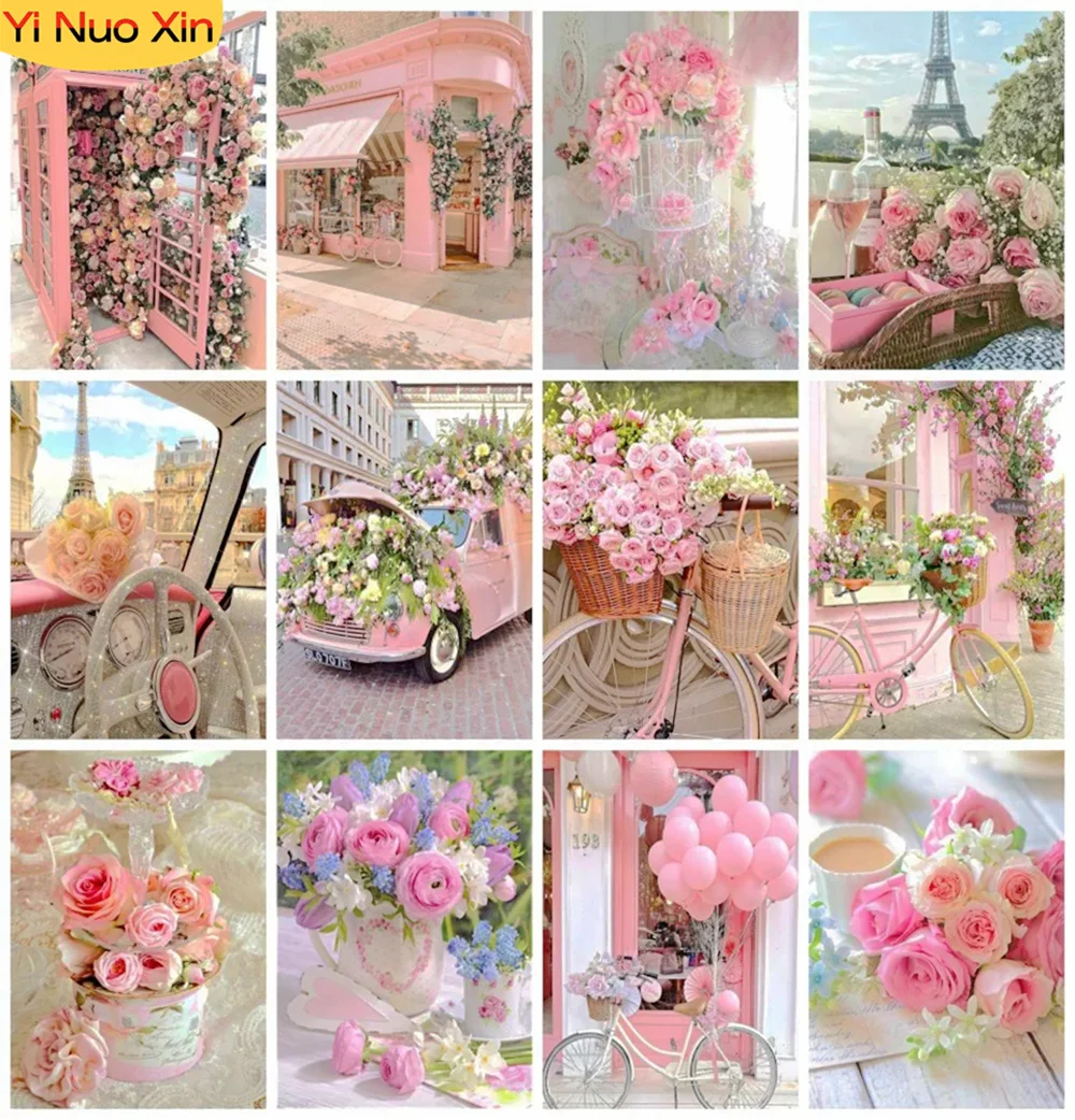 

5D DIY New Year Gift Pink Floral Bike Car Diamond Painting Cross Stitch Mosaic Rhinestone Embroidery Art Full Square Home Decor