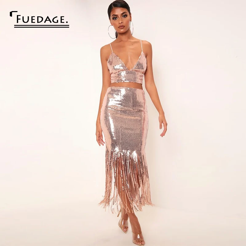 Fuedage Tassel SEQUINS вечерние комплекты из двух предметов для женщин с v-образным вырезом и блестками комплект из 2 предметов на тонких бретельках сексуальные женские комплекты из двух предметов
