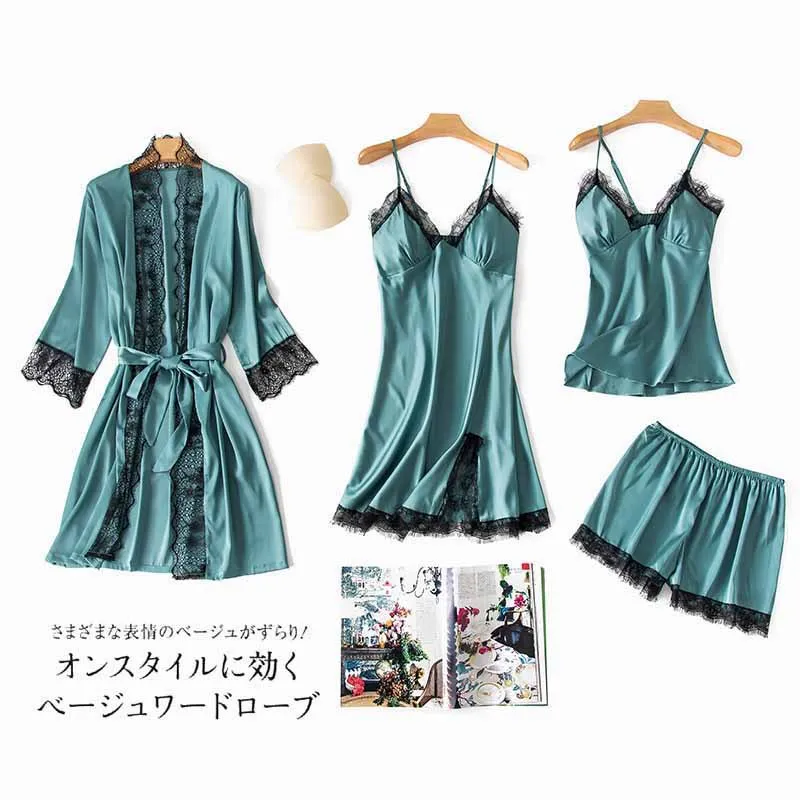 Многоцветная имитация шелка 4 упаковки зимний теплый пижамный комплект женский