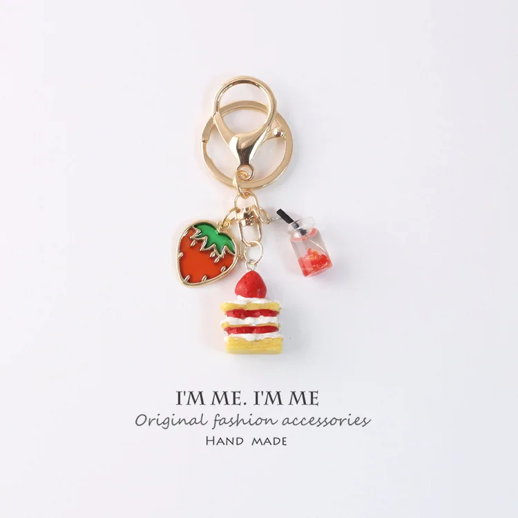 

Cute Strawberry Cake Keychain for Girl Women Key Chain Ring Car Bag Pendent Charm Airpods Accessories Keyring